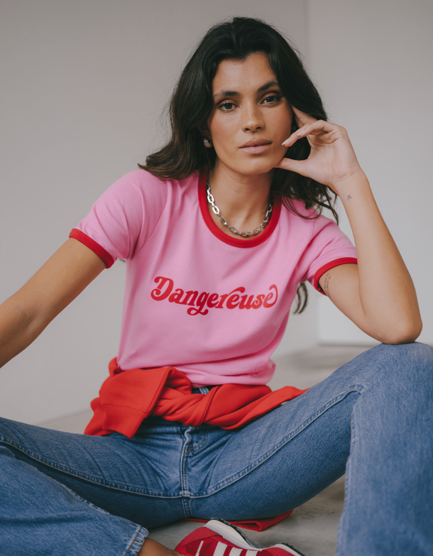 Soft Pink Ringer graphic Tee with Red Print - Le Mot